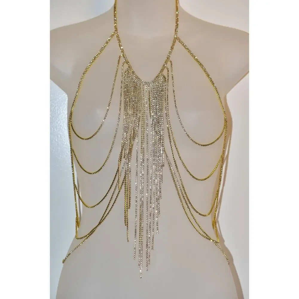 Vintage Body Necklace Top Wrap Rhinestone Crystal Gold Tone Fringe Chain Belt